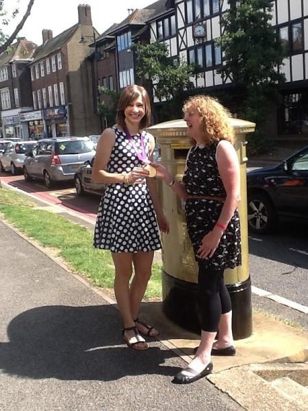 Paula with Joanna Rowsell at her gold postbox