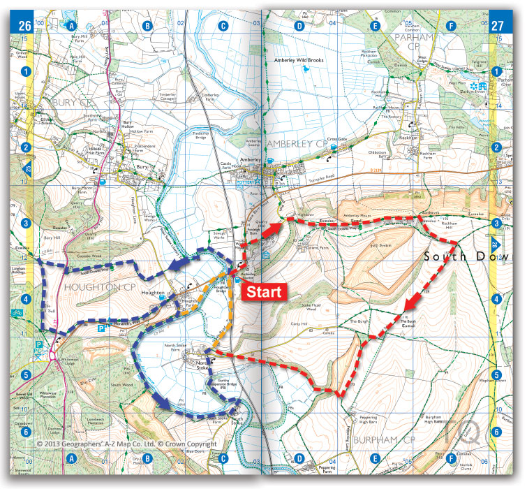 Walking route map around Amberley station on the South Downs Way